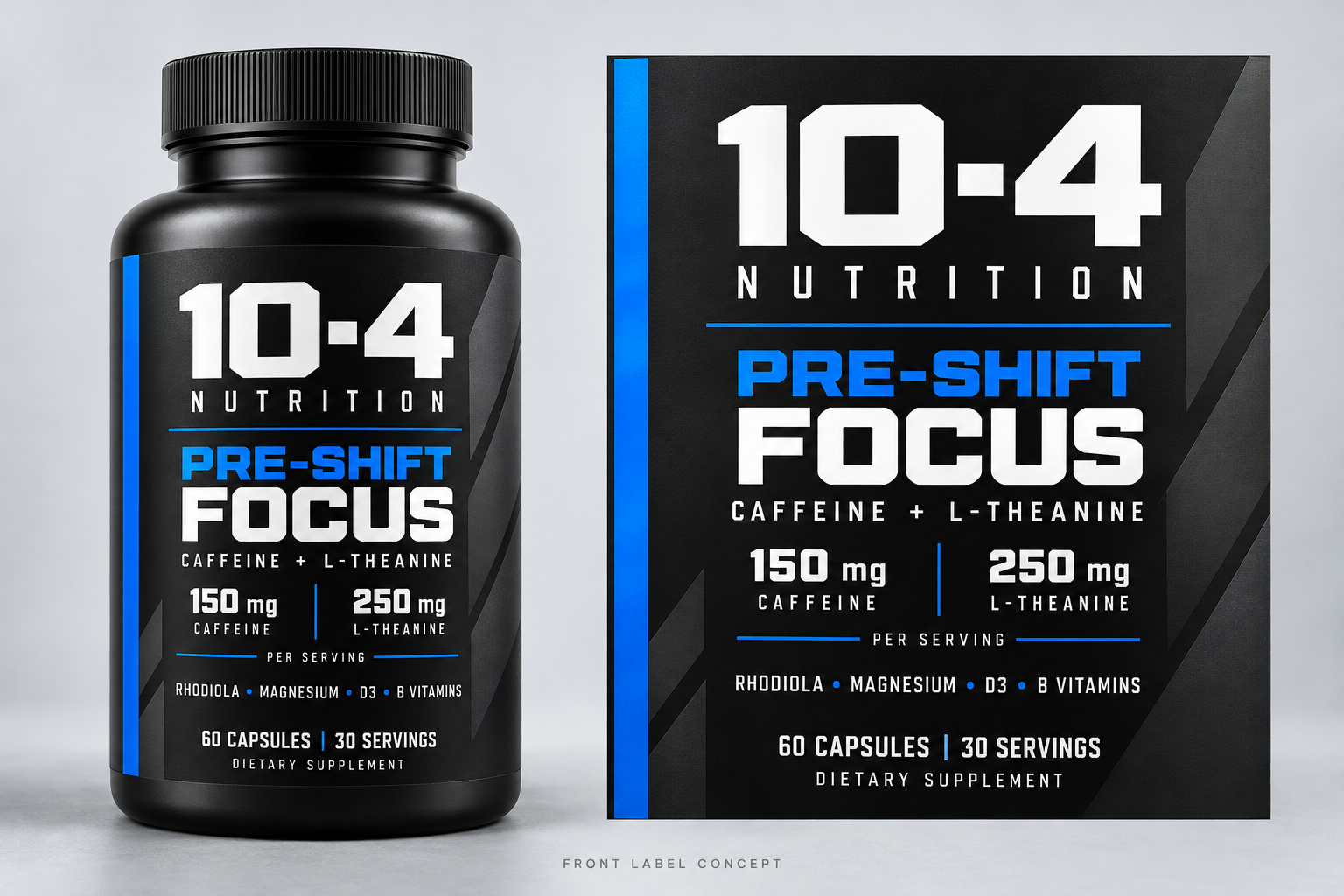 Pre-Shift Focus packaging concept: black bottle with white 10-4 Nutrition lettering and electric blue Pre-Shift text